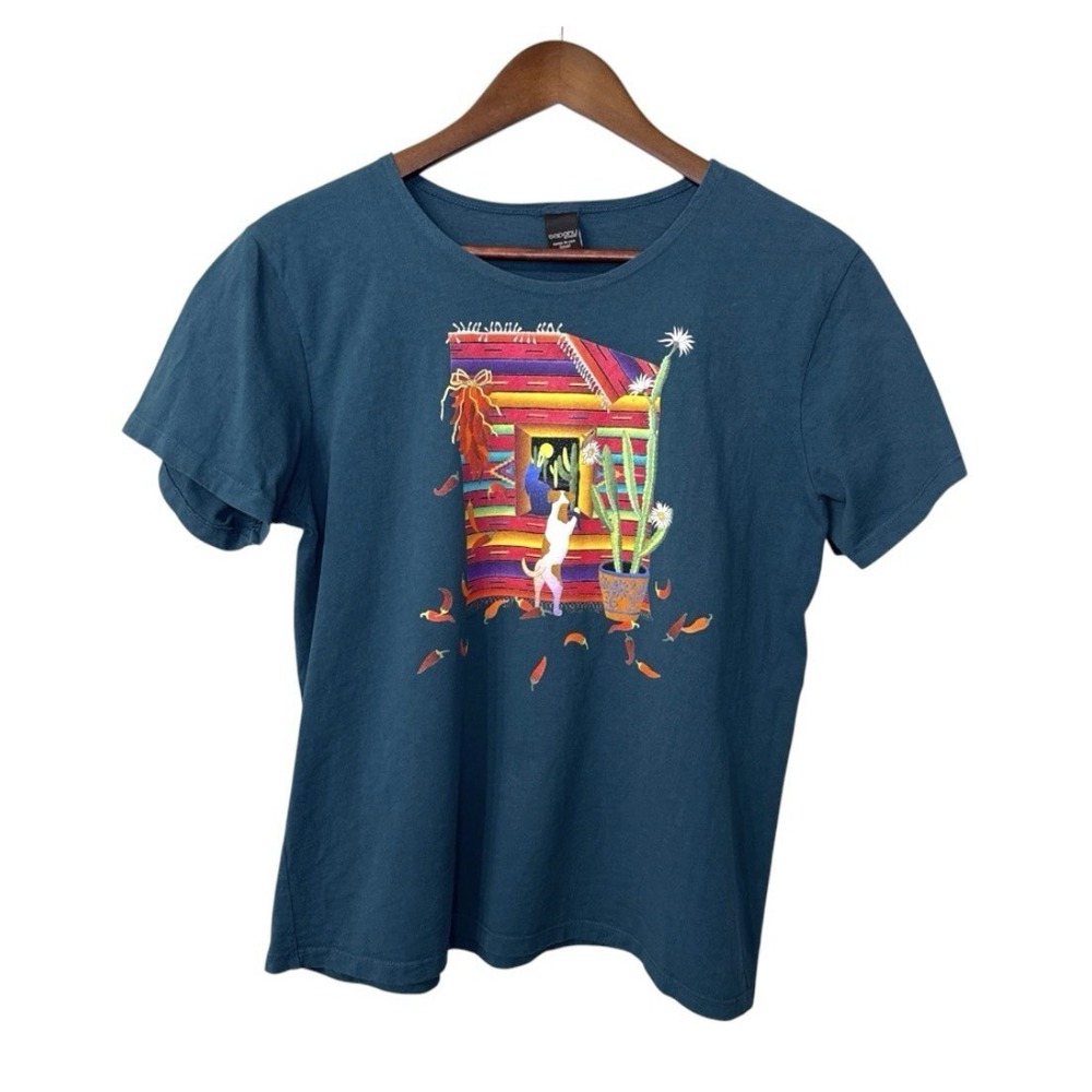 Sabaku Serape t-shirt women's small teal boho art southwest chili cactus cat dog